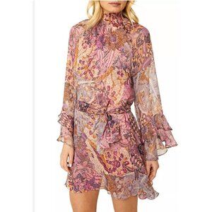 New Misa Saint Paisley Mini Dress Womens S Semi Sheer Chiffon LS Augusta Batik